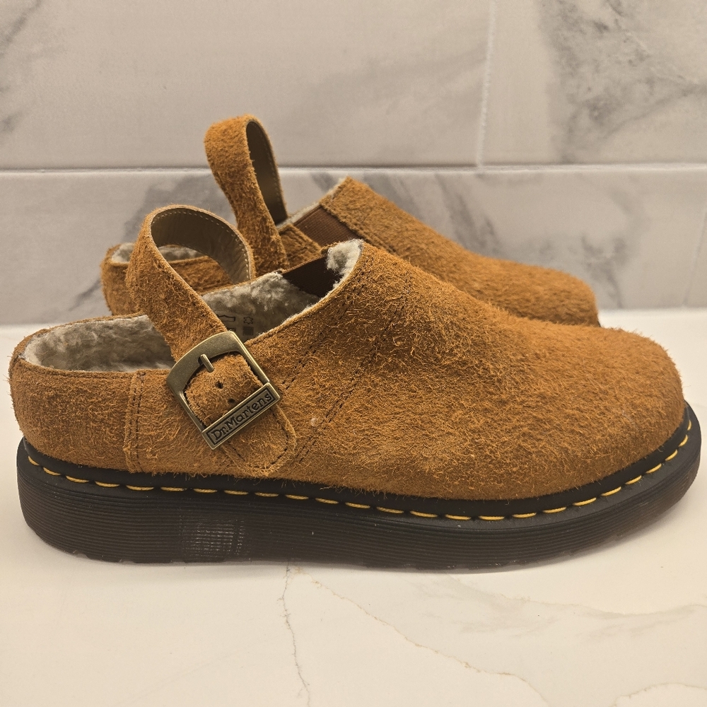 Dr Martens Isham Faux Shearling Long Napped Suede Slingback Mules Size 10